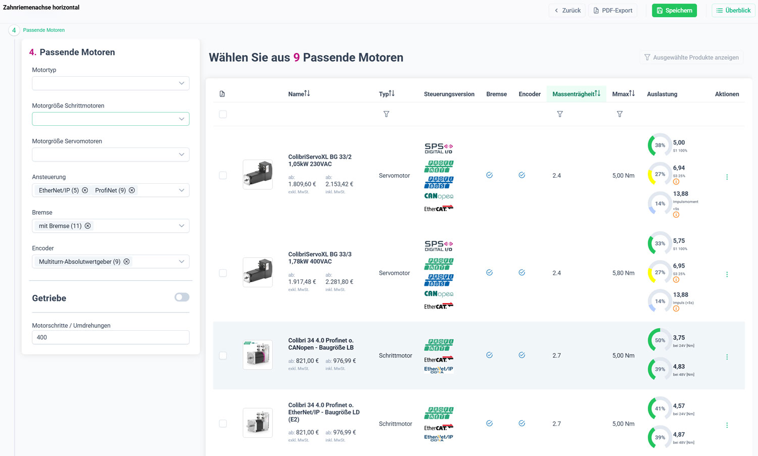 MotorFinder Schritt 4: Passende Motoren